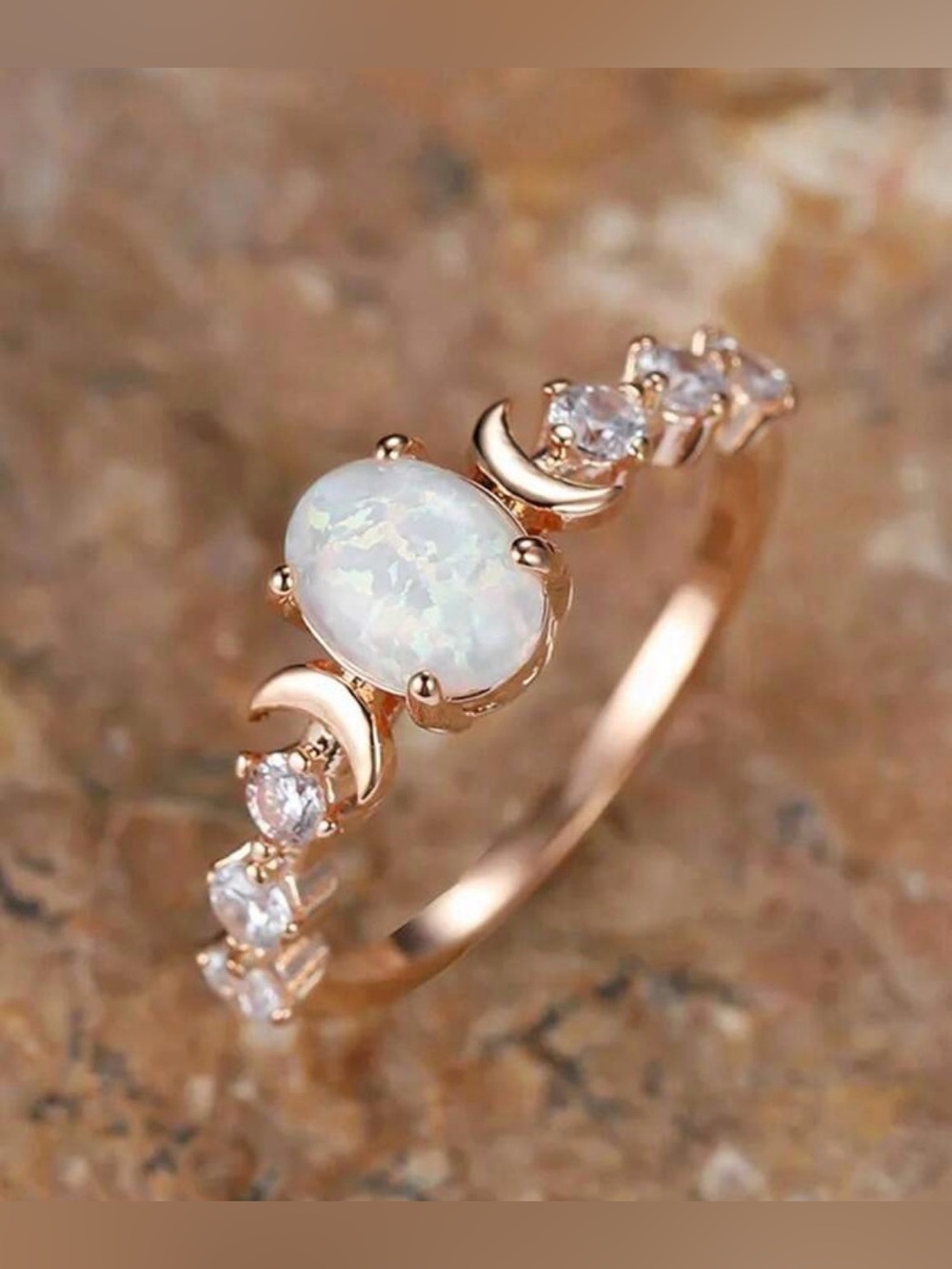 Rose Gold Opal Moonstone Ring with Clear Accents
